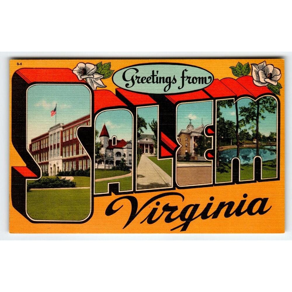 Greetings From Salem Virginia 1940's Large Letter Linen City Postcard Vintage VA